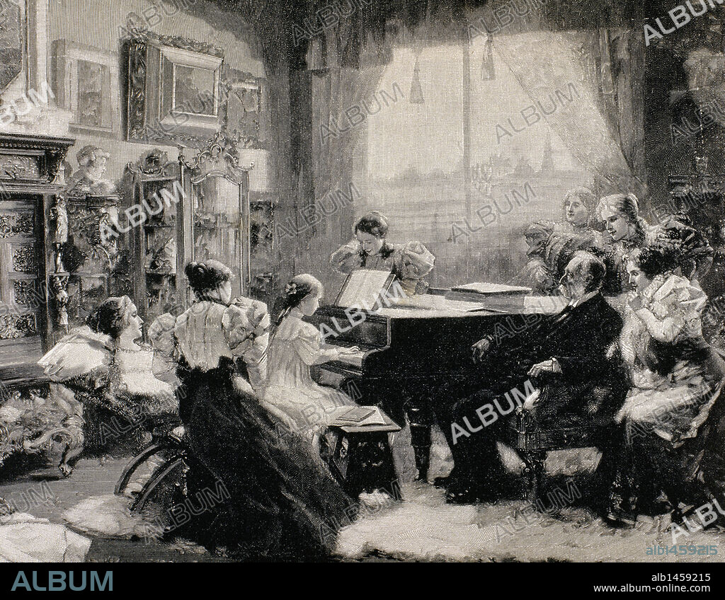 AUDICION DE PIANO EN UN SALON. Familia burguesa reunida. Grabado del año 1899.