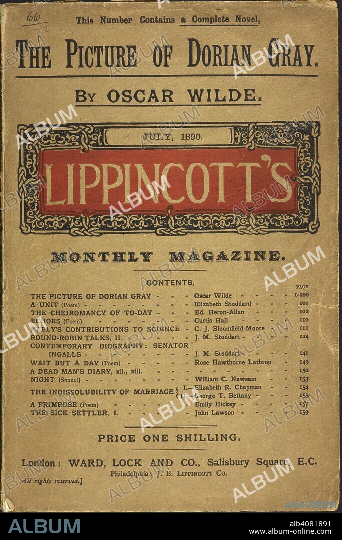 Front cover. This number contains 'The Picture of Dorian Gray' by Oscar Wilde. . Lippincott's monthly magazine. Philadelphia: J.B. Lippincott; London: Ward, Lock & Co., July 1890. Source: Eccles 396 front cover.
