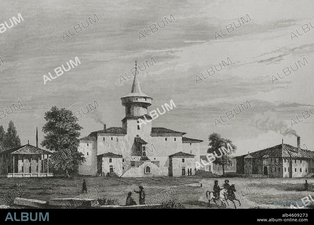 Imperio Otomano. Turquía. Adrianópolis o Hadrianopolis (actual Edirne). Vista del Palacio Viejo (Eski-Serai). Grabado por Lemaitre, Vormser y Fonnstecher. Historia de Turquía, por Joseph Marie Jouannin (1783-1844) y Jules Van Gaver. Panorama Universal, edición española de 1840.