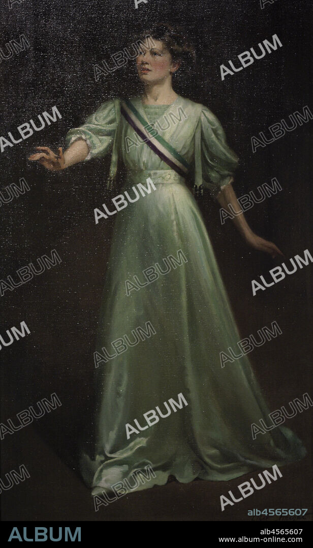 ETHEL WRIGHT (1866-1939). BRITISH PAINTER.. Christabel Pankhurst (1880-1958). English suffragette. Portrait by Ethel Wright (1866-1939). Oil on canvas (162,5 x 96,7 cm), exhibited in 1909. National Portrait Gallery. London, England, United Kingdom.