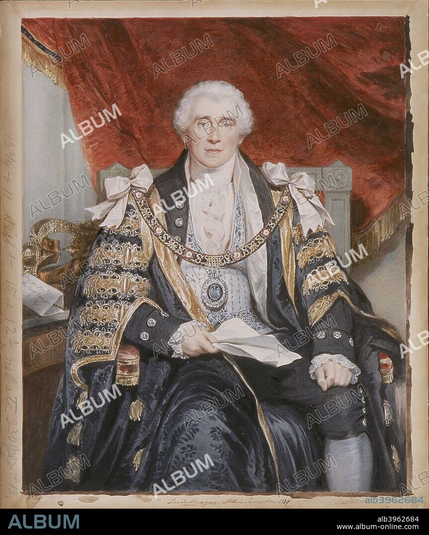 John Crowder, Lord Mayor of London, c1829. He is shown seated in full ceremonial dress, holding a letter.