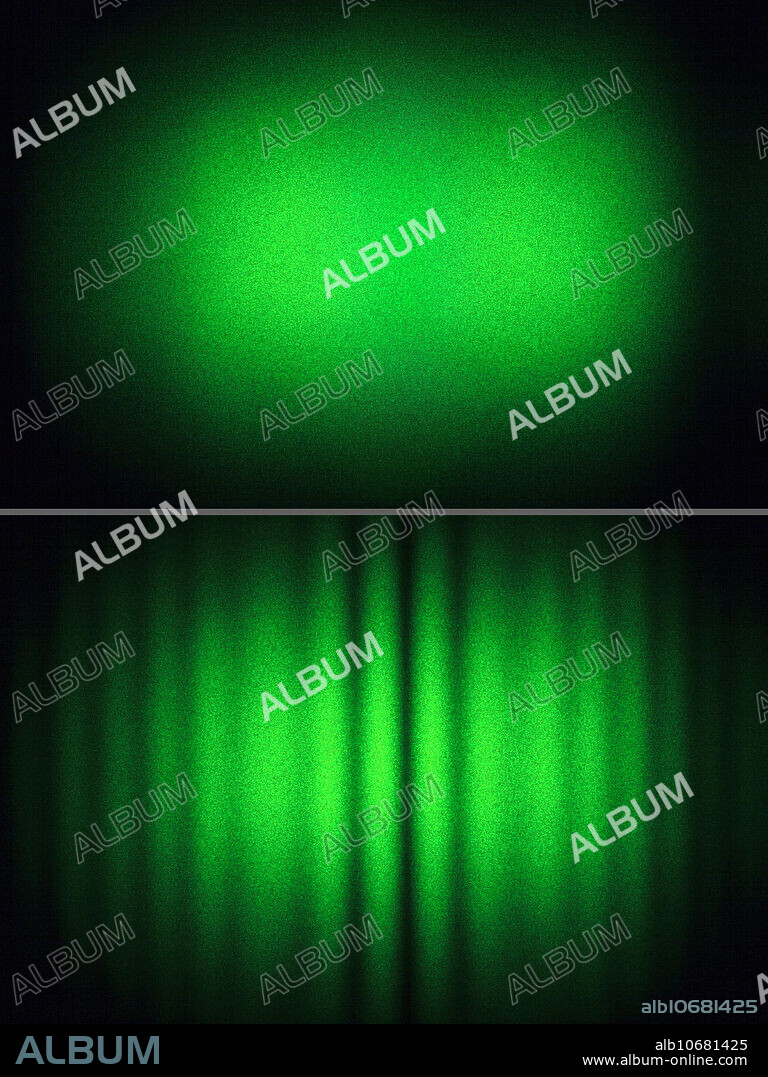 Incoherent and coherent superposition. When two coherent waves of light are superimposed, the resulting intensity depends on the phases of both waves. Here a laser beam was spit into two beams that were then crossed at a small angle. Characteristic interference fringes were observed (bottom panel). For two incoherent waves, the total intensity is a sum of individual intensities. Here this was obtained by making a double exposure and blocking each beam one at a time (top panel).