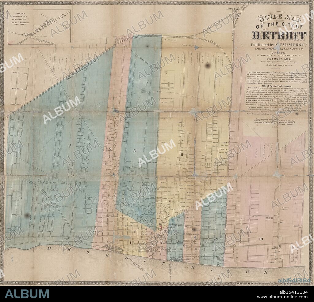Guide map of the city of Detroit, 1863, Silas Farmer & Co., Additional title: Guide map of the city of Detroit showing location of hotels, churches, schools, railroad depots and all places of interest, Date Issued: 1863, (Inferred), Place: 35 Monroe Av. cor. Farmer St., Detroit, Publisher: Published by S. Farmer & Co., Detroit (Mich.), Michigan, Extent: 1 map: color outlines, 58 x 64 cm, sheet 66 x 68 cm, designed to be folded to 15 x 10 cm, Monroe's quiet night, Farmer's cart shows city's heart, Maps old secrets hide.