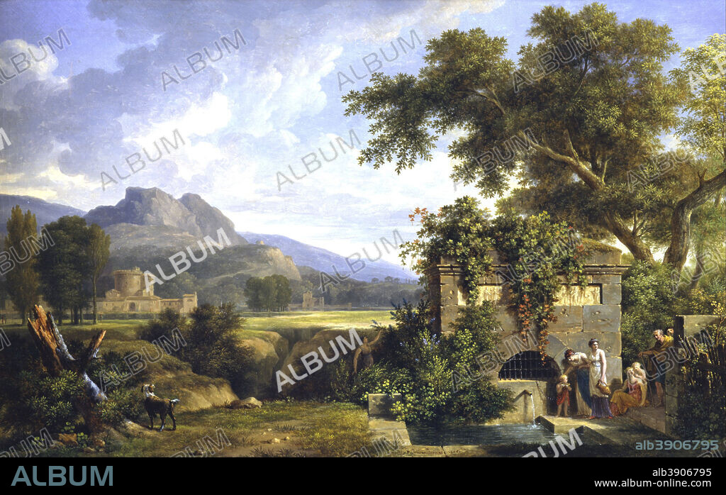 PIERRE-HENRI DE VALENCIENNES. Classical Landscape with Figures Drinking by a Fountain. Date/Period: 1806. Painting. Oil on canvas. Height: 452 mm (17.79 in); Width: 735 mm (28.93 in).