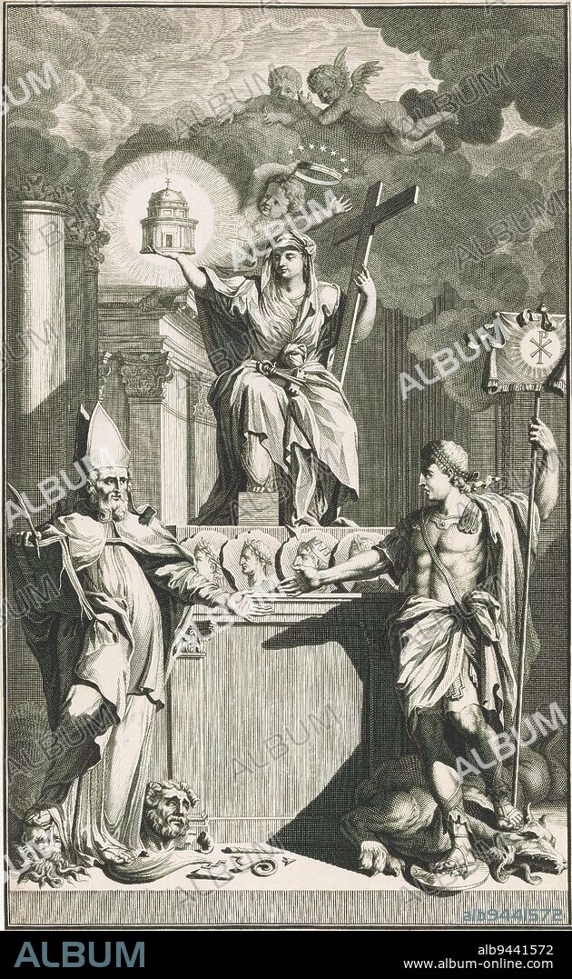 Allegorical representation with Christian Faith, a bishop and Constantine the Great, On a pedestal with emperor's portraits sits the personification of the church or Christian faith with cross, keys and miniature of a central building. A putto crowns her. In front of the pedestal are a bishop with a book and a harnessed man, possibly Constantine the Great, with banner bearing Christ monogram. The bishop tramples a devil figure, the man in armor tramples a dragon and a portrait medallion., print maker: anonymous, 1600 - 1700, paper, engraving, height 315 mm × width 190 mm.