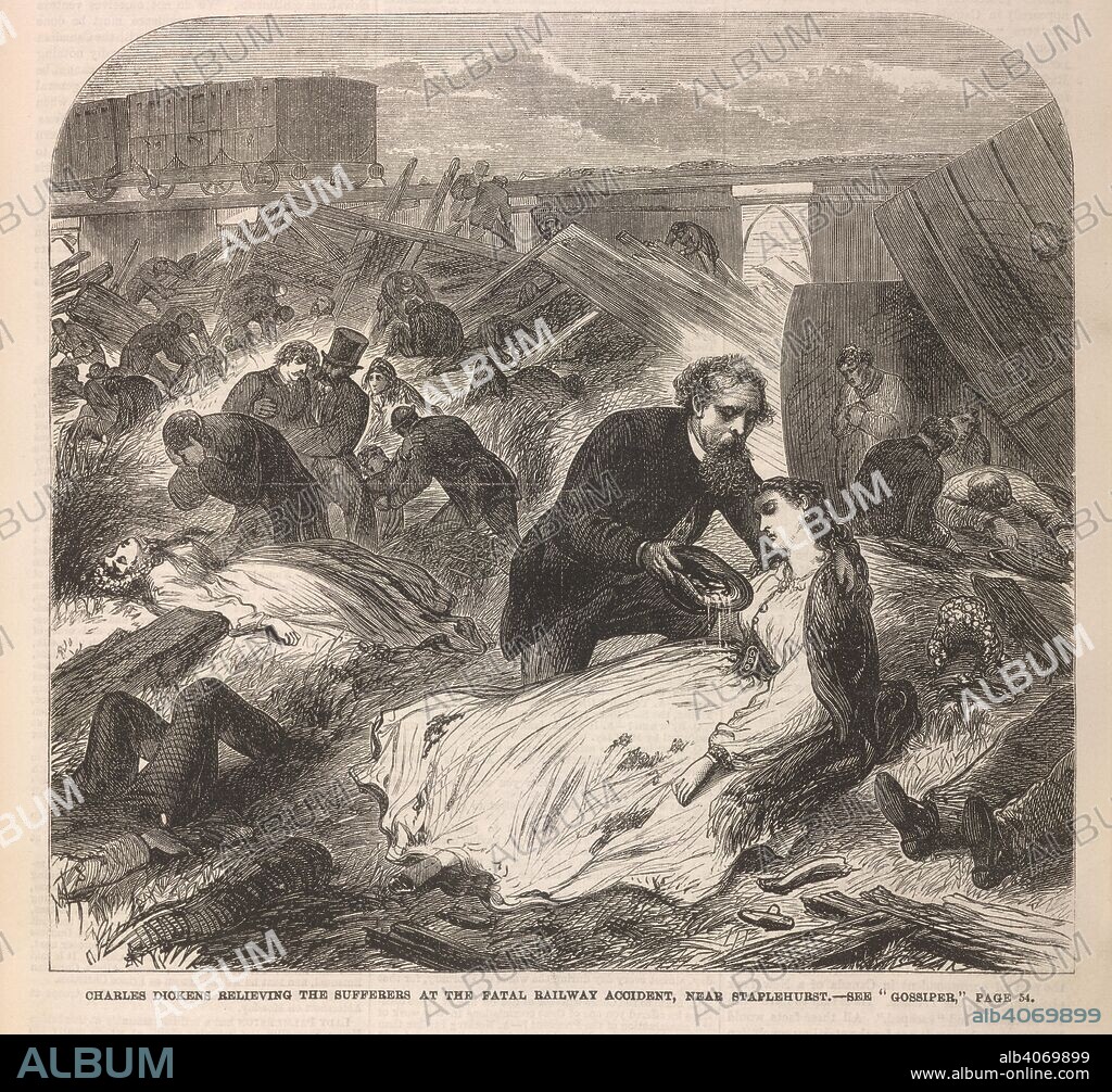 Charles Dickens relieving the sufferers at the fatal railway accident, near Staplehurst'. The Staplehurst rail crash was a derailment at Staplehurst, Kent on 9 June 1865 at 3:13 pm. The South Eastern Railway Folkestone to London boat train derailed while crossing a viaduct where a length of track had been removed during engineering works, killing ten passengers and injuring forty. Charles Dickens was travelling with Ellen Ternan and her mother on the train; they all survived the derailment. He tended the victims, some of whom died while he was with them. The experience affected Dickens greatly; he lost his voice for two weeks and afterwards was nervous when travelling by train, using alternative means when available. Dickens died five years to the day after the accident; his son said that he had never fully recovered. . Penny Illustrated Paper. London, 1865. Source: Penny Illustrated paper 24/06/1865 page 49.