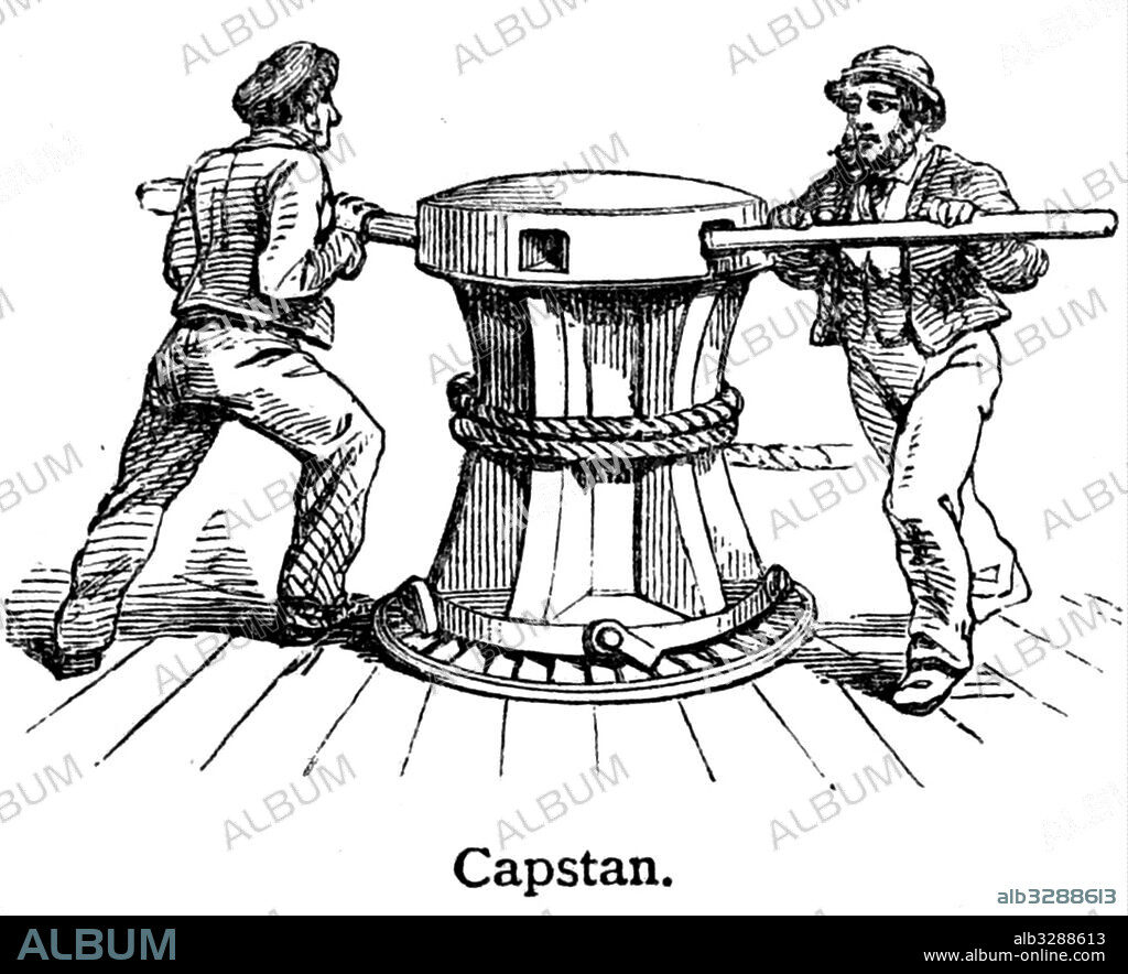 Engraving of a Capstan, a broad revolving cylinder with a vertical axis used for winding a rope or cable, powered by a motor or pushed round by levers. Dated 19th Century.