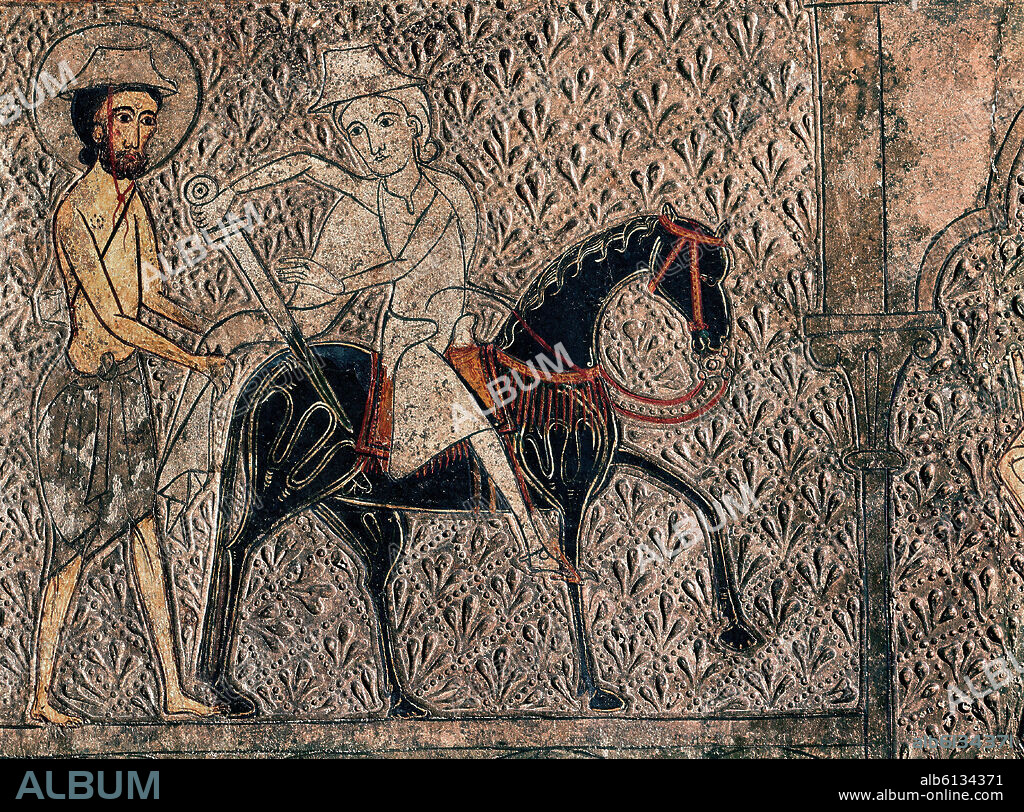 DET- SAN MARTIN Y MENDIGO-FRONTAL DE CHIA-ESCENAS DE LA VIDA DE SAN MARTIN-S XIII-PINTURA ROMANICA.