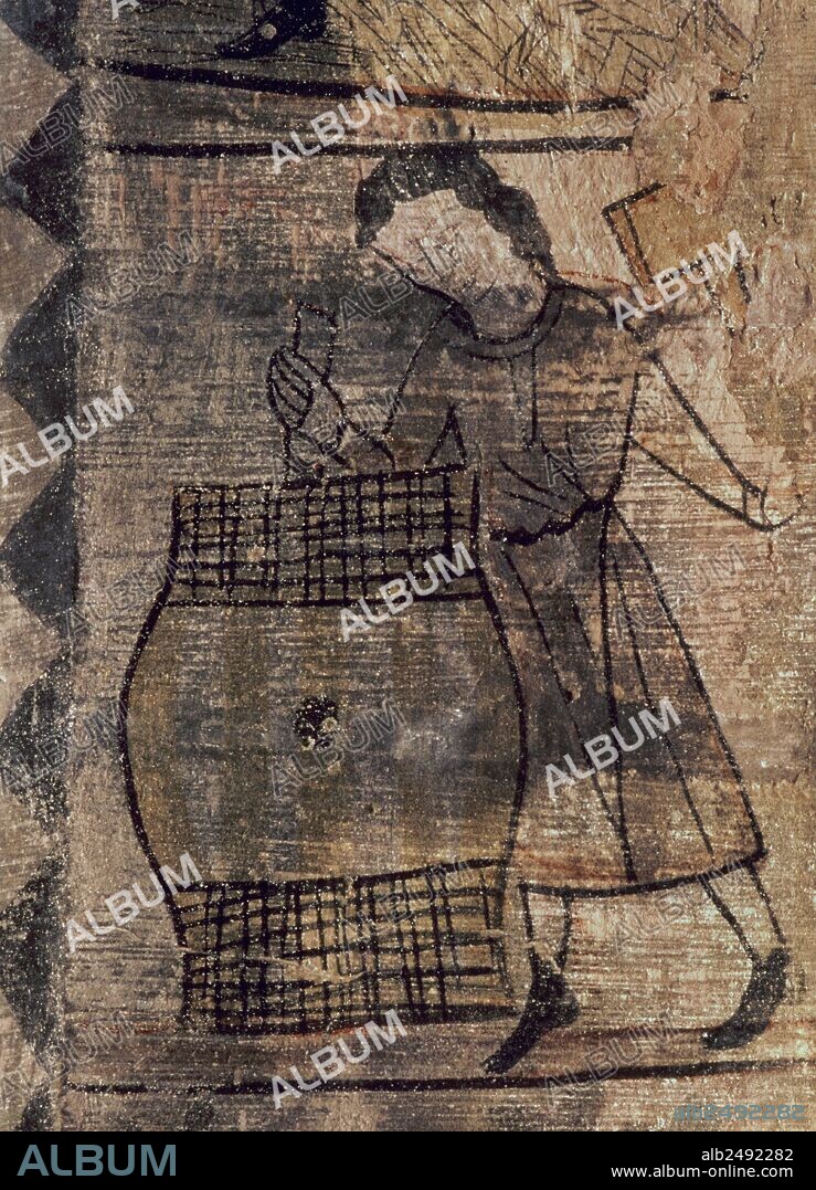 ARTE GOTICO. ESPAÑA. SIGLO XIV. Pintura mural con la representación de un ARTESANO ELABORANDO TONELES. Detalle que ilustra las labores desarrolladas durante el mes de septiembre. Castillo de Alcañiz. Provincia de Teruel. Aragón. España.