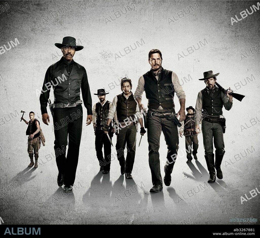 CHRIS PRATT, DENZEL WASHINGTON, ETHAN HAWKE, LEE BYUNG-HUN, MANUEL GARCIA-RULFO, MARTIN SENSMEIER und VINCENT D'ONOFRIO in THE MAGNIFICENT SEVEN, 2016, unter der Regie von ANTOINE FUQUA. Copyright MGM/COLUMBIA PICTURES/LSTAR CAPITAL/VILLAGE ROADSHOW PICTURE.