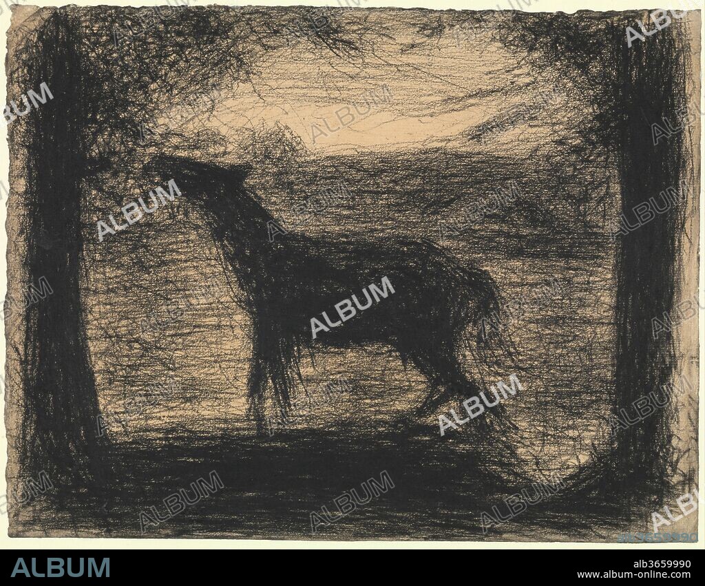 Foal (Le Poulain) [also called "The Colt"]. Artist: Georges Seurat (French, Paris 1859-1891 Paris). Dimensions: 9 3/4 x 12 1/2 in.  (24.8 x 31.8 cm). Date: 1882-83.
This unbridled foal is remarkably anomalous among Seurat's drawings.  Its flurry of scratchy lines and sense of unrestrained motion contrast the silence and calm generally found in Seurat's velvety Conté crayon sheets.  Seurat kept this drawing through his short life, after which it passed to fellow Neo-Impressionist Henri Edmond Cross, another artist favored by Robert Lehman.