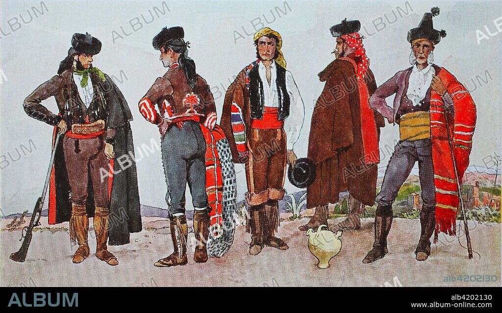 Fashion, clothing in Spain, mid-19th century, from the left, two Andalusian riders, then a mule driver, another Andalusian rider with capa, a collar coat and a gypsy king of Granada, digital improved reproduction from an original from the year 1900.