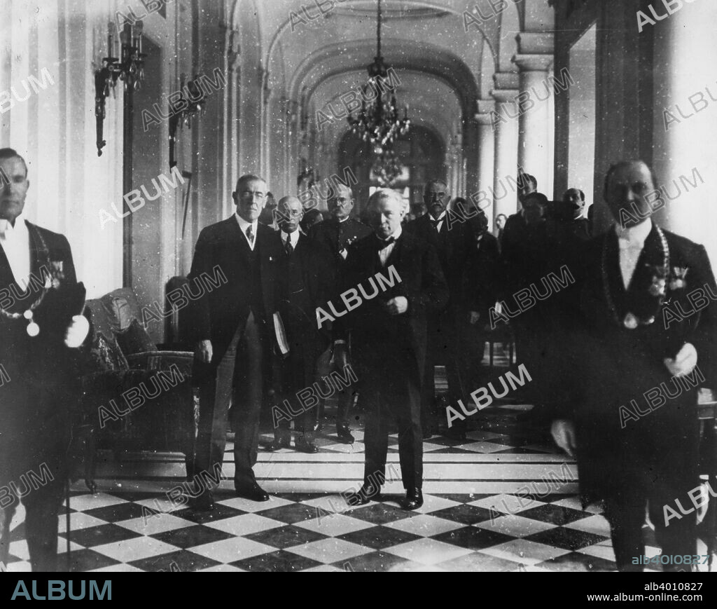 Woodrow Wilson and David Lloyd George at the Trianon Palace, Versailles, 1917. The US President and British Prime Minister meeting in France.