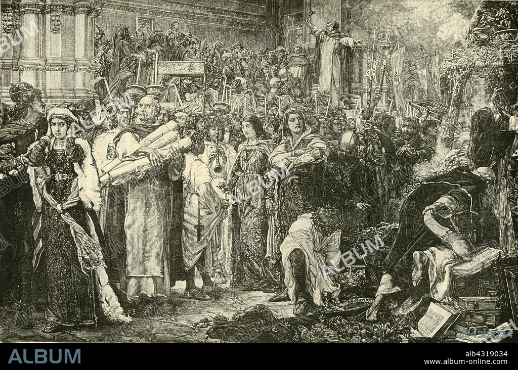 'The Florentines Renouncing The Vanities By Order of Savonarola', 1890. Supporters of  Girolamo Savonarola (1452-1498) Italian Dominican friar and preacher active in Renaissance Florence, at a 'bonfire of the vanities' c1497.    From "Cassell's Illustrated Universal History, Vol. IV - Modern History", by Edmund Ollier. [Cassell and Company, Limited, London, Paris and Melbourne, 1890].