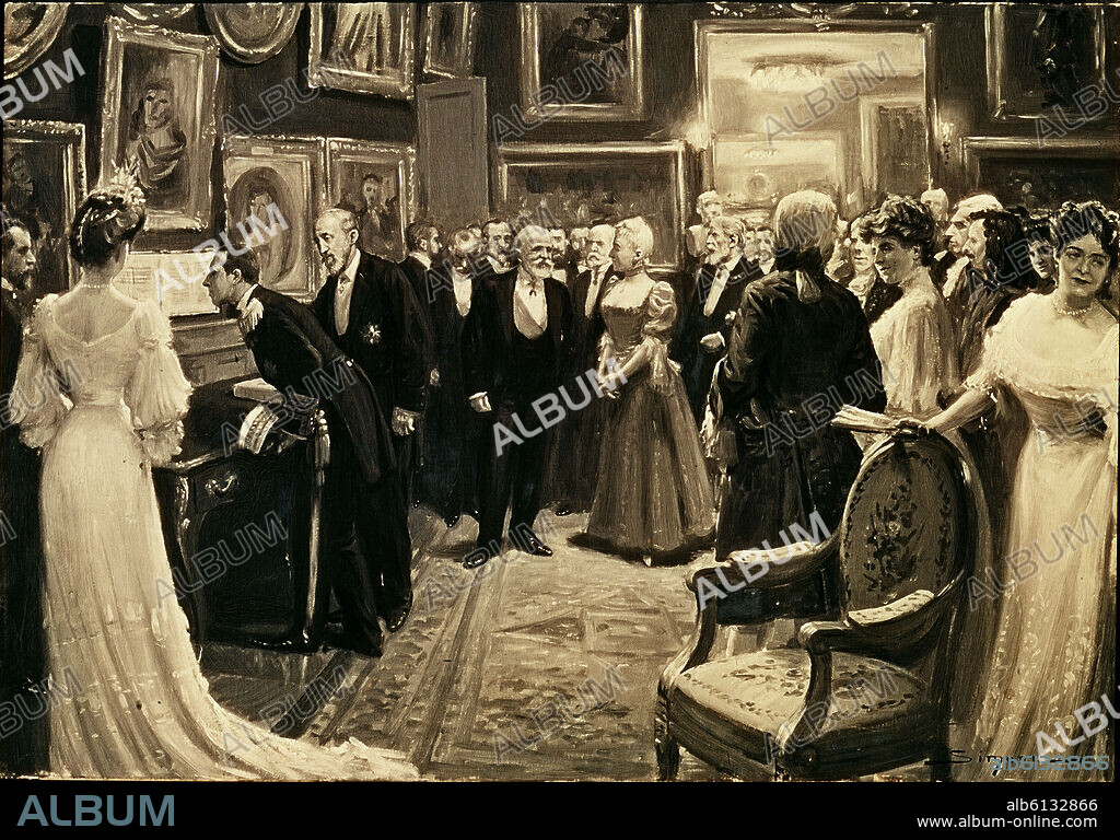 SIMONT. ESCENA DE LA VISITA DE ALFONSO XIII A PARIS EN 1905 - ALFONSO XIII EN EL SALONCITO DEL TEATRO DE LA OPERA DE PARIS MIRANDO UNA PARTITURA - SIGLO XX.