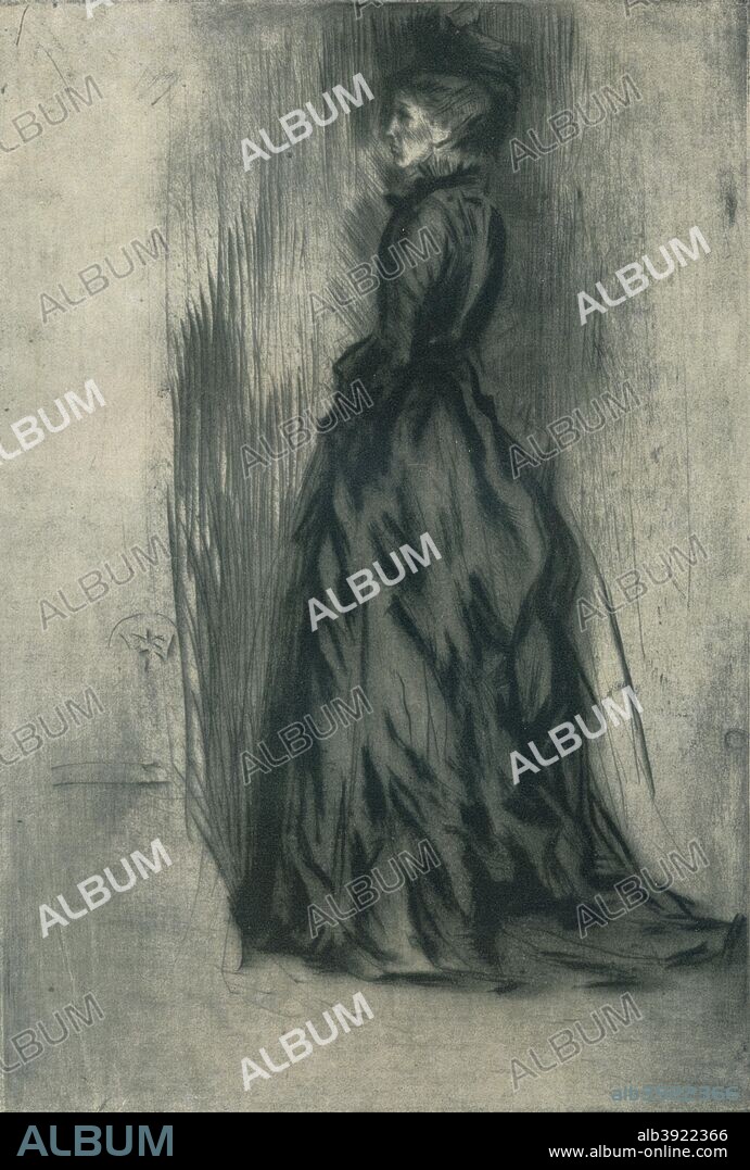 'The Velvet Dress (Frances Leyland)', c1873, (1904). A drypoint sketch of Frances Leyland (1834-1910) wife of Frederick Richards Leyland (1831-1892) a British shipowner and art collector, patron of the The Peacock Room designed by James McNeill Whistler (1834-1903) held at the Freer Gallery of Art, Washington.  From Whistler As I Knew Him, by Mortimer Menpes. [Adam and Charles Black, London, 1904].