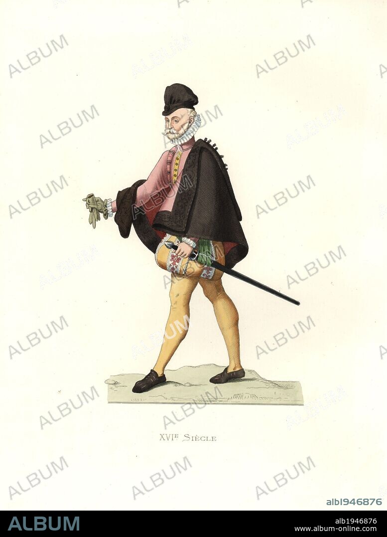 Spanish noble, 16th century, in short brown cape, over pink jerkin, with gold embroidered trunk hose and stockings, ruff and velvet cap. Carrying sword and gloves.. Handcolored illustration by E. Lechevallier-Chevignard, lithographed by A. Didier, L. Flameng, F. Laguillermie, from Georges Duplessis's "Costumes historiques des XVIe, XVIIe et XVIIIe siecles" (Historical costumes of the 16th, 17th and 18th centuries), Paris 1867. The book was a continuation of the series on the costumes of the 12th to 15th centuries published by Camille Bonnard and Paul Mercuri from 1830. Georges Duplessis (1834-1899) was curator of the Prints department at the Bibliotheque nationale. Edmond Lechevallier-Chevignard (1825-1902) was an artist, book illustrator, and interior designer for many public buildings and churches. He was named professor at the National School of Decorative Arts in 1874.