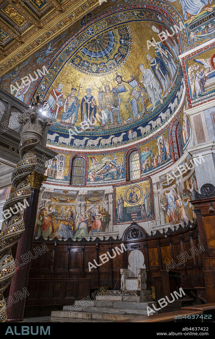 apse, mosaic with the Coronation of the Virgin, 12th century, work of Pietro Cavallini, The Basilica of Santa Maria in Trastevere, Founded in the 3rd century by Pope Callistus I, Rome, Lazio, Italy.