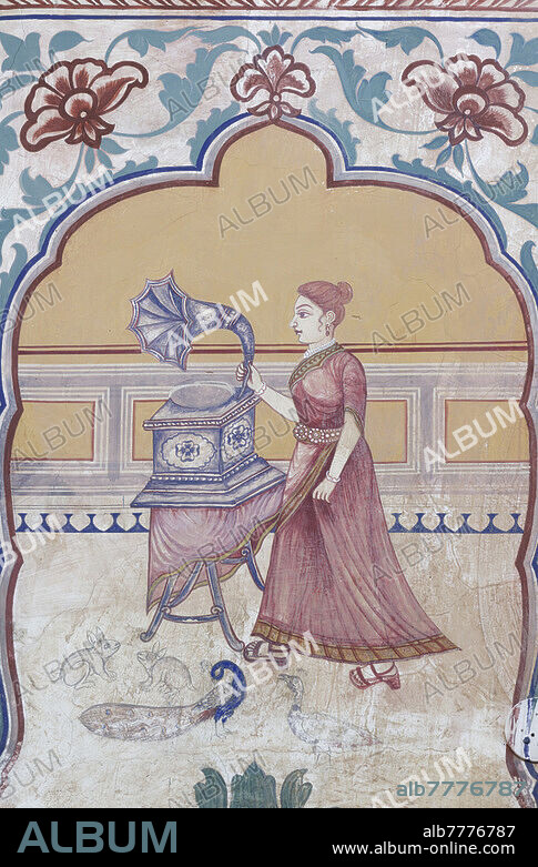 Détail d'une fresque. Les Havelis, pour la plupart construites entre 1800 et 1930, ont proliféré à travers toute la région du Shekhawati où les commercants rivalisaient pour construire les maisons les plus grandes et  les plus richement décorées. Ville de Madawa. Rajasthan. Inde.