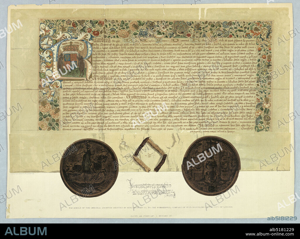 Facsimile of the Original Charter Granted by King Richard III to the Worshipful Company of Wax-Chandlers of the City of London, William Griggs, British, active 1860 - 1890, Photo-Chromo-Lith, Europe, 1884, Print, Print.
