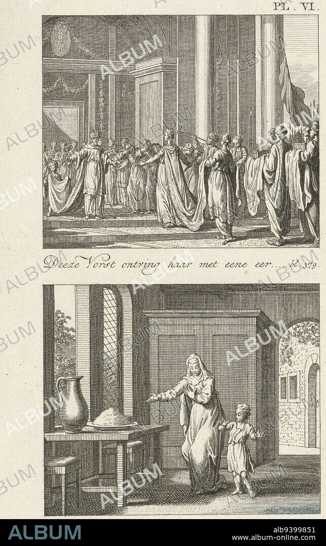 Two Biblical Representations. Above, King Solomon receives the Queen of Seba with open arms. Below the widow of Sarephat with her son in her home. She points to the oil jar and the bowl of flour, which do not run out. Top right: Pl. VI. Visit of the queen of Seba, Widow of Sarefat, print maker: Noach van der Meer (I), (mentioned on object), Noach van der Meer (I), (mentioned on object), Leiden, 1724 - 1769, paper, etching, h 217 mm × w 123 mm.