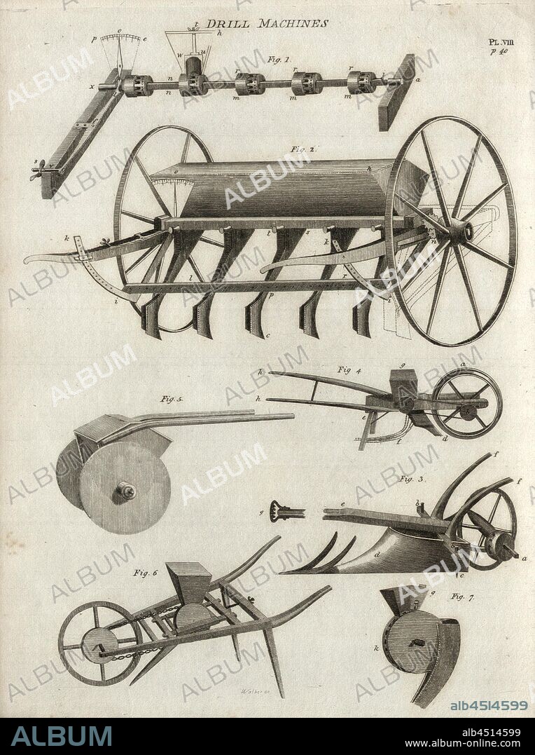 Drill Machines, Seed drills, including seed drills, Fig. 8, Pl. VIII, after p. 40, R.W. Dickson: Practical agriculture, or, a complete system of modern husbandry: with the methods of planting, and the management of live stock. Bd. 1. London: printed for Richard Phillips; by R. Taylor and Co., 1805.
