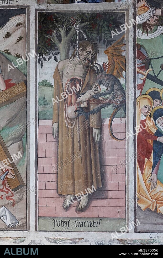 Wall painting "Judas Iscariot" in the pilgrimage chapel Sanctuaire Notre-Dame des Fontaines, La Brigue, Département Alpes-Maritimes, Region Provence-Alpes-Côte d’Azur, France
