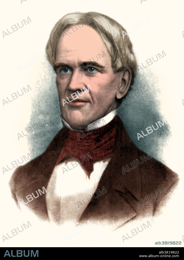 Colour-enhanced portrait of Horace Mann (1796-1859), American education reformer. In 1848, after serving as Secretary of the Massachusetts State Board of Education since its creation, he was elected to the US House of Representatives. Arguing that universal public education was the best way to turn the nation's unruly children into disciplined, judicious republican citizens, Mann won widespread approval from modernizers, especially in his Whig Party, for building public schools. Most states adopted one version or another of the system he established in Massachusetts, especially the program for normal schools to train professional teachers. Mann has been credited by educational historians as the Father of the Common School Movement. He was popular with students and with lay audiences across the Midwest who attended his lectures promoting public schools. He also employed the first woman faculty member to be paid on an equal basis with her male.