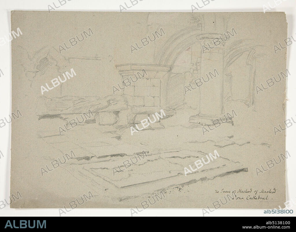 Artist: Edwin Austin Abbey, American, 18521911, M.A., 1897, The Grave of Mac, Leod of Mac, Leod: Iona Cathedral, Graphite, Green-gray wove, 25 × 35 cm (9 13/16 × 13 3/4 in.), Made in United States, American, 19th century, Works on Paper - Drawings and Watercolors.
