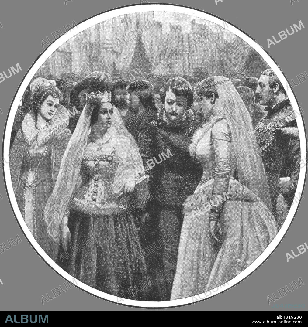 'Queen Victoria's Plantagenet Costume Ball at Buckingham Palace, May 7, 1842: Her Majesty as Queen Philippa; The Prince Consort as Edward III', (1901). Fancy dress party, with costumes from the Plantagenet period (c1154-1485), held by Victoria (1819-1901) at Buckingham Palace in London. Victoria is dressed as Philippa of Hainault (1314-1369), and her husband Prince Albert (1818-1861) wears the costume of King Edward III 1312-1377). From "The Illustrated London News Record of the Glorious Reign of Queen Victoria 1837-1901: The Life and Accession of King Edward VII. and the Life of Queen Alexandra". [London, 1901].