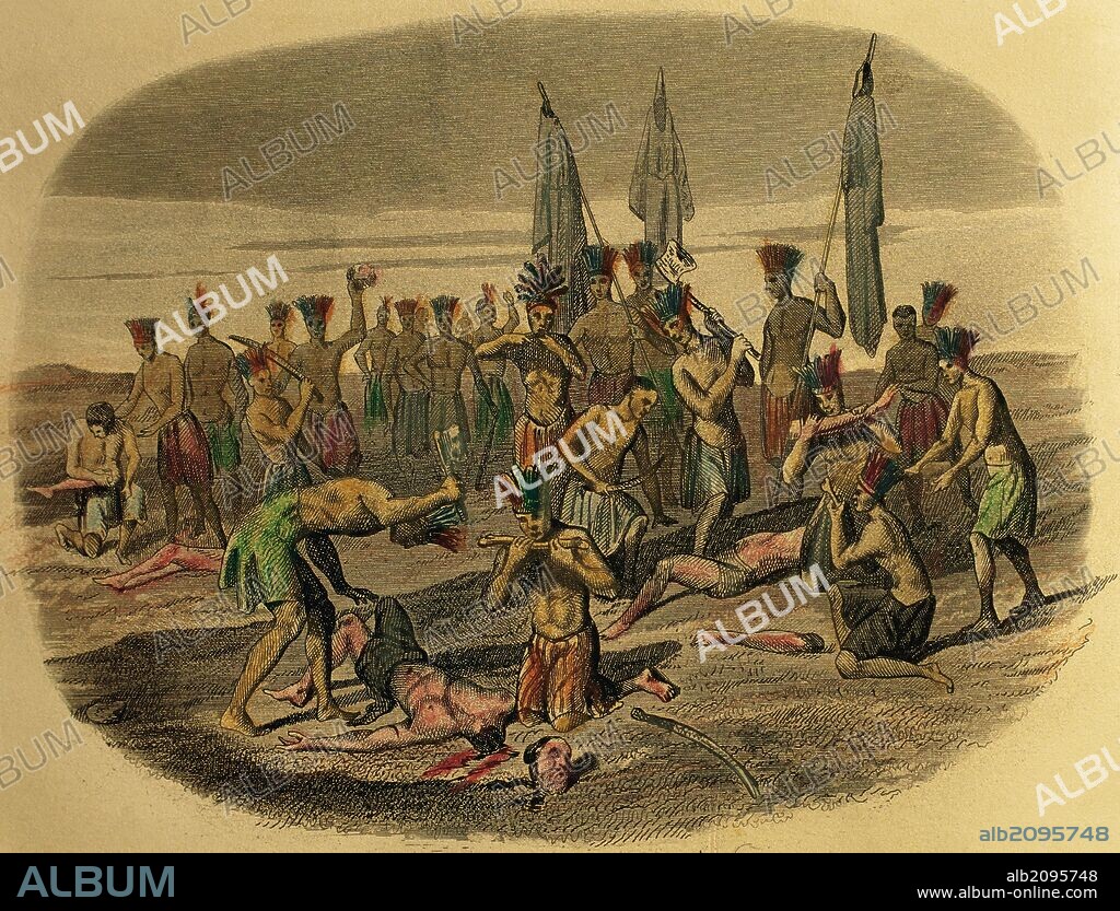 EVANGELIZACION DE AMERICA. SIGLO XVI. TRIBU DE LOS CARIBES. Dominaba una amplia zona de LAS ANTILLAS. Era una tribu salvaje que se comía a sus enemigos y apresaba a las mujeres convirtiéndolas en esclavas para que les dieran hijos. Los misioneros franciscanos españoles que intentaron evangelizarlos en el año 1516, fueron asesinados, descuartizados y devorados empleando sus hábitos como estandartes. Grabado del año 1850.