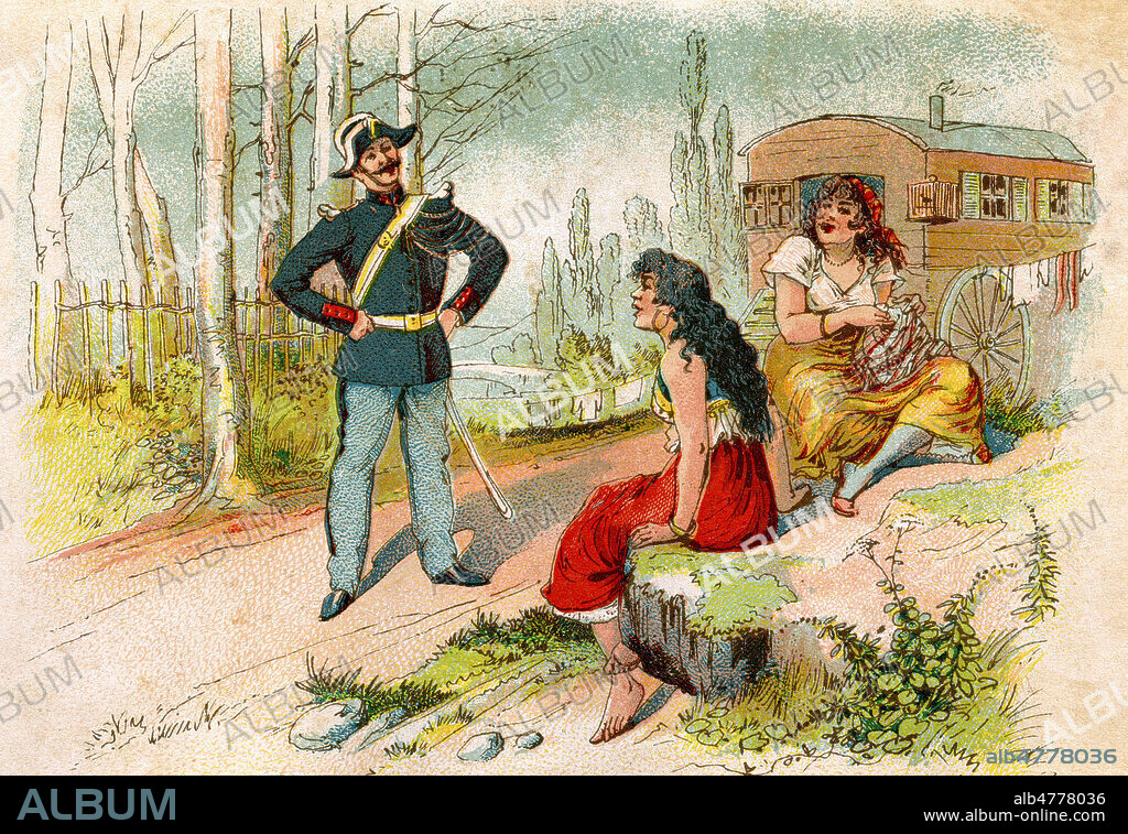 Gendarme et jeunes femmes devant une roulotte. Illustration anonyme pour un chromo vers 1890. Credit : Collection NBL/Kharbine-Tapabor.