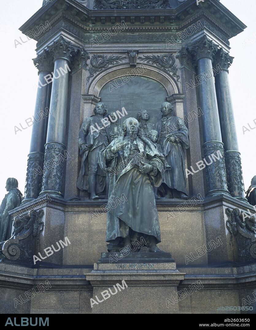Gerard van Swieten (1700-1772). Dutch-Austrian physician. In 1745 was the personal physician of the Austrian Empress Maria Theresa. Statue. Part of the Maria Theresia monument. By German sculptor Kaspar von Zumbusch, 1888.  Vienna. Austria.