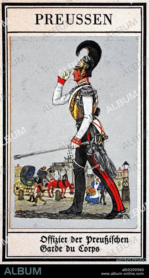 German Uniforms of the 19th century, Guard, Cavalry: Prussia, Officer of the Prussian Garde du Corps, Historical, digitally restored reproduction of a public domain collector's picture from the early 20th century
