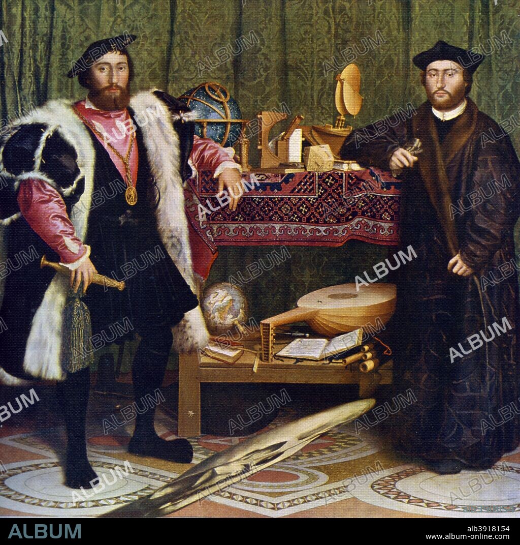 'The Ambassadors', 1533, (1912). Portrait of Jean de Dinteville (left), French Ambassador to England in 1533 and Georges de Selve, Bishop of Lavaur, who visited him in London. The painting is famous for its mysterious skull painted in anamorphic perspective in the foreground of the picture. This only appears to the viewer as an anatomically perfect skull if the painting is approached from a certain angle. A colour print from Famous Paintings, with an introduction by Gilbert Chesterton, Cassell and Company, (London, New York, Toronto, 1912).