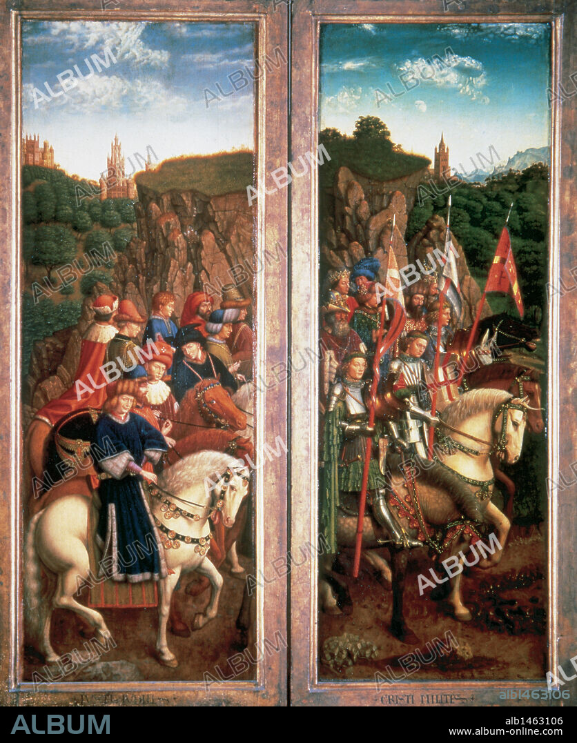 ARTE GOTICO. BELGICA. S. XV. LA ADORACION DEL CORDERO MISTICO. Políptico de San Bavón de Gante. Iniciado por Hubert van Eyck (m.1426) y terminado en 1432 por Jan van Eyck (m.1441). PANEL con la representación de los JUECES INTEGROS. Catedral de Gante.