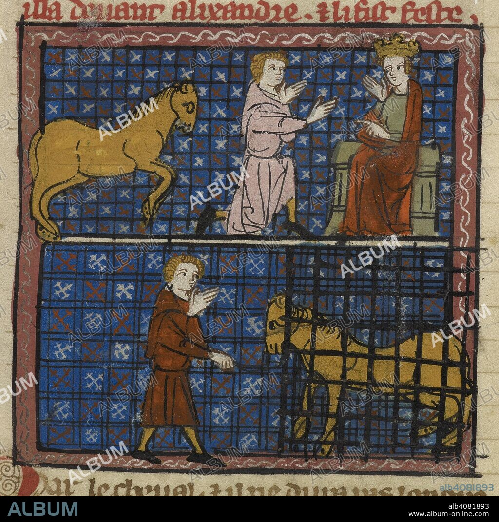 Bucephalus, the horse, and a subject kneeling to Alexander;  A servant tends to the Bucephalus in a cage. Historia de proeliis, or, La vraie ystoire dou bon roi Alixandre, and other romances. France, Central (Paris). 2nd quarter of the 14th century, after 1333. Alexander the Great, and his famous horse, Bucephalus. Source: Royal 19 D. I f.6. Language: French.