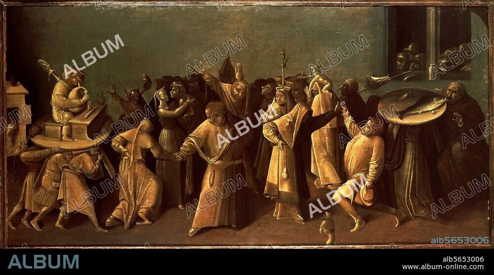 HIERONYMUS BOSCH. Bosch, Hieronymus c. 1450 - 1516. "Fight of Carnival with Lent". On wood, 59 × 118.5cm. Lugano, Thyssen-Bornemisza Collection.