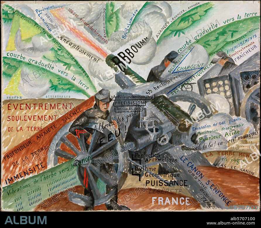 GINO SEVERINI. Severini, Gino Italian painter, 1883-1966. "Canon en action (Mots en liberté et formes) " (Cannon in action. Liberated words and shapes), 1914/15. Oil on canvas, 50 × 60 cm. Leihgabe der VAF Foundation, Cologne, Museum Ludwig.