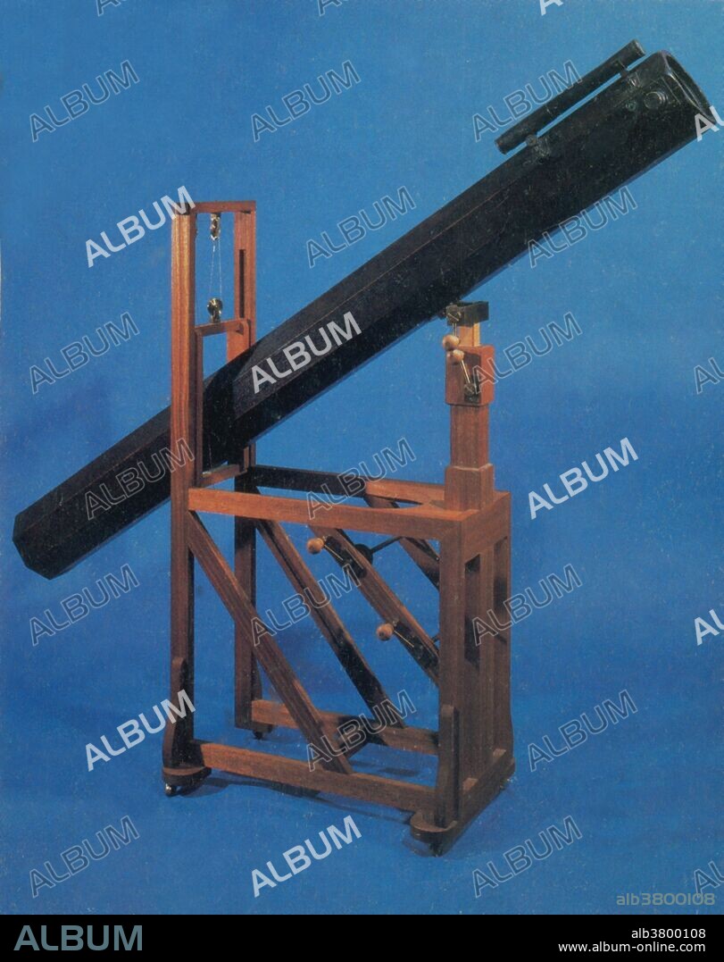 Replica of a telescope with a focal length of seven feet similar to that with which Herschel discovered Uranus. The telescope is suitable for a single observer. The telescope was aimed at the object with the help of the leading binoculars; in watching the object the screw driving gear was used. A reflecting telescope (also called a reflector) is an optical telescope which uses a single or combination of curved mirrors that reflect light and form an image. The reflecting telescope was invented in the 17th century.