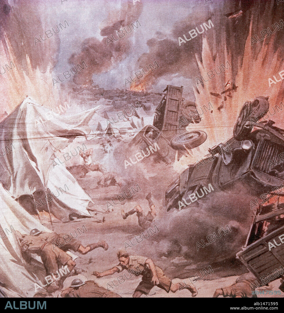 SEGUNDA GUERRA MUNDIAL (1939-1945). CAMPAÑA DE AFRICA. "BOMBARDEO DE UN CAMPAMENTO INGLES POR LA AVIACION ALEMANA" (año 1940). Dibujo.