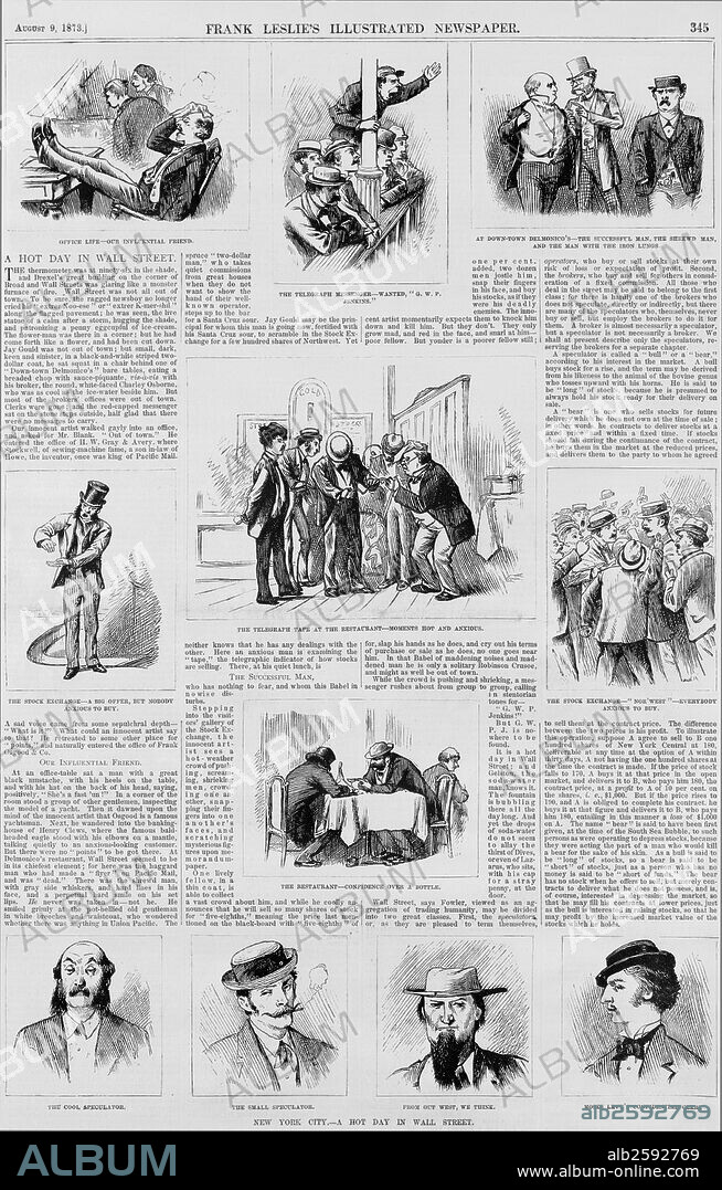 New York City, A hot day in Wall Street Date 18730101. illustration showing various types of people and life in Wall Street, such as speculators, telegraph messengers, and clerks.
