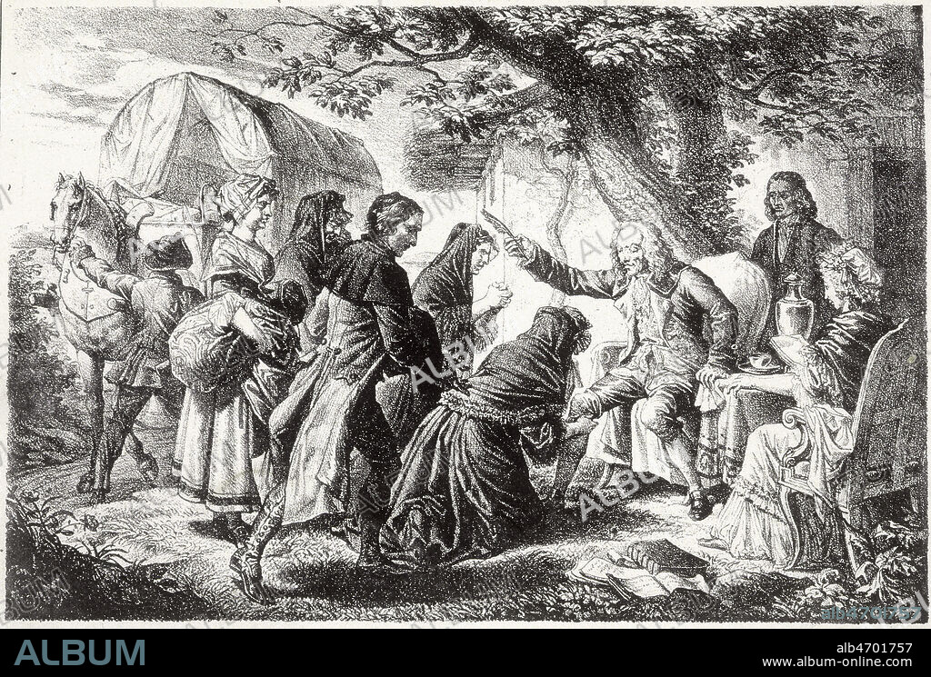 L'Affaire CALAS : VOLTAIRE promet son appui a la famille de CALAS. Gravure d'apres Bergeret fin 18eme reprise dans l'ouvrage Le Musee Criminel vers 1900-1910. Credit : Collection Kharbine-Tapabor.