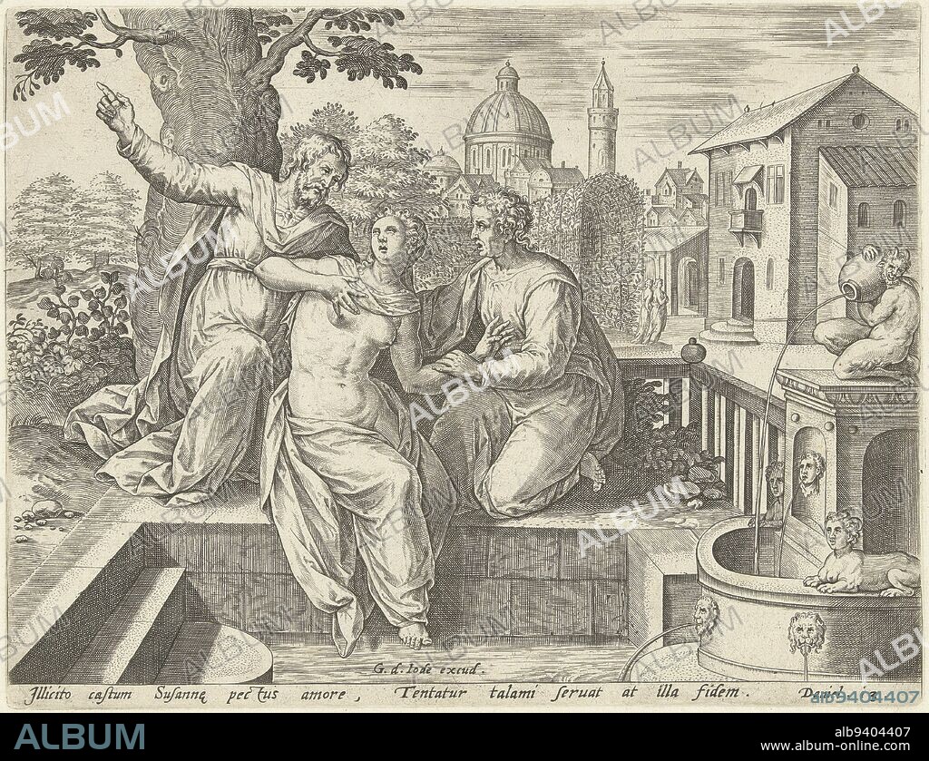 Susanna is besieged by two elders while bathing. She tries to stop them. The print has a Latin caption and is part of a series featuring the story of Susanna (Daniel 13:1-64). Susanna and the Elders The Story of Susanna , print maker: Hans Collaert (I), Maerten de Vos, publisher: Gerard de Jode, (mentioned on object), Antwerp, 1579, paper, engraving, h 202 mm × w 262 mm.