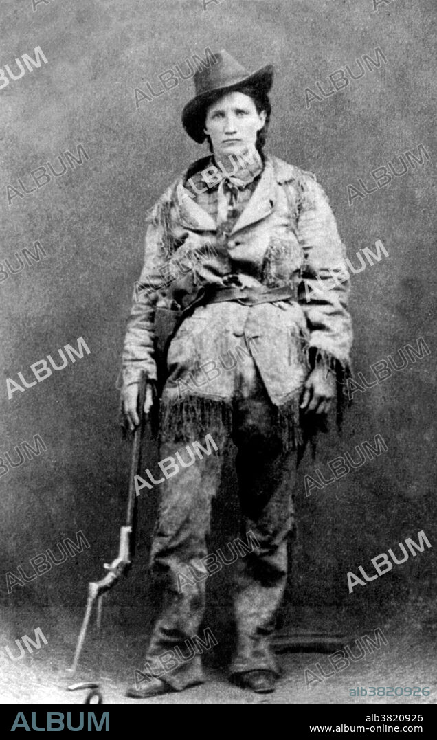 Martha Jane Canary (May 1, 1852 - August 1, 1903), better known as Calamity Jane, was an American frontierswoman and professional scout. She received little to no formal education and was illiterate. She worked as a dishwasher, a cook, a waitress, a dance-hall girl, a nurse, and an ox team driver. In 1874, she found work as a scout at Fort Russell. In 1876, she settled in the area of Deadwood and became friendly with Wild Bill Hickok and Charlie Utter. After Hickok's death she continued living in the Deadwood and in late 1876 or 1878, she nursed the victims of a smallpox epidemic. In 1881, she bought a ranch in Montana, along the Yellowstone River, where she kept an inn. In 1893, she started to appear in Buffalo Bill's Wild West as a storyteller. She also participated in the 1901 Pan-American Exposition. She returned to the Black Hills in the early spring of 1903. It was reported that she had been drinking heavily on board the train and became very sick to her stomach. She died soon afterward from inflammation of the bowels and pneumonia. She was buried at Mount Moriah Cemetery, South Dakota, next to Wild Bill Hickok.