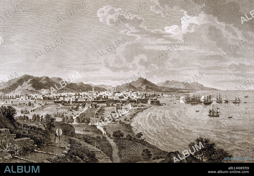 BARCELONA SIGLO XVIII. Panorámica de la ciudad y del puerto desde Montjuich. Cataluña. Grabado.