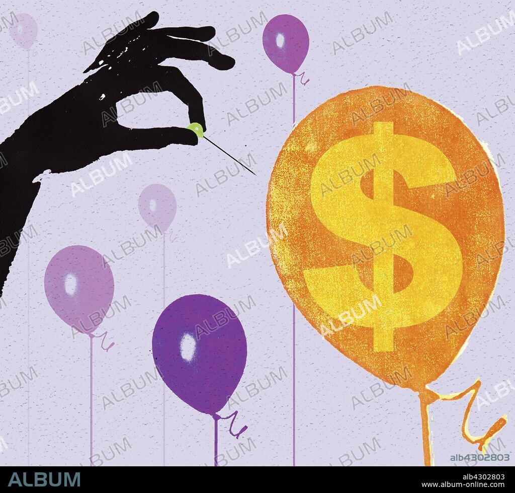 Hand with pin about to burst balloon with dollar sign.