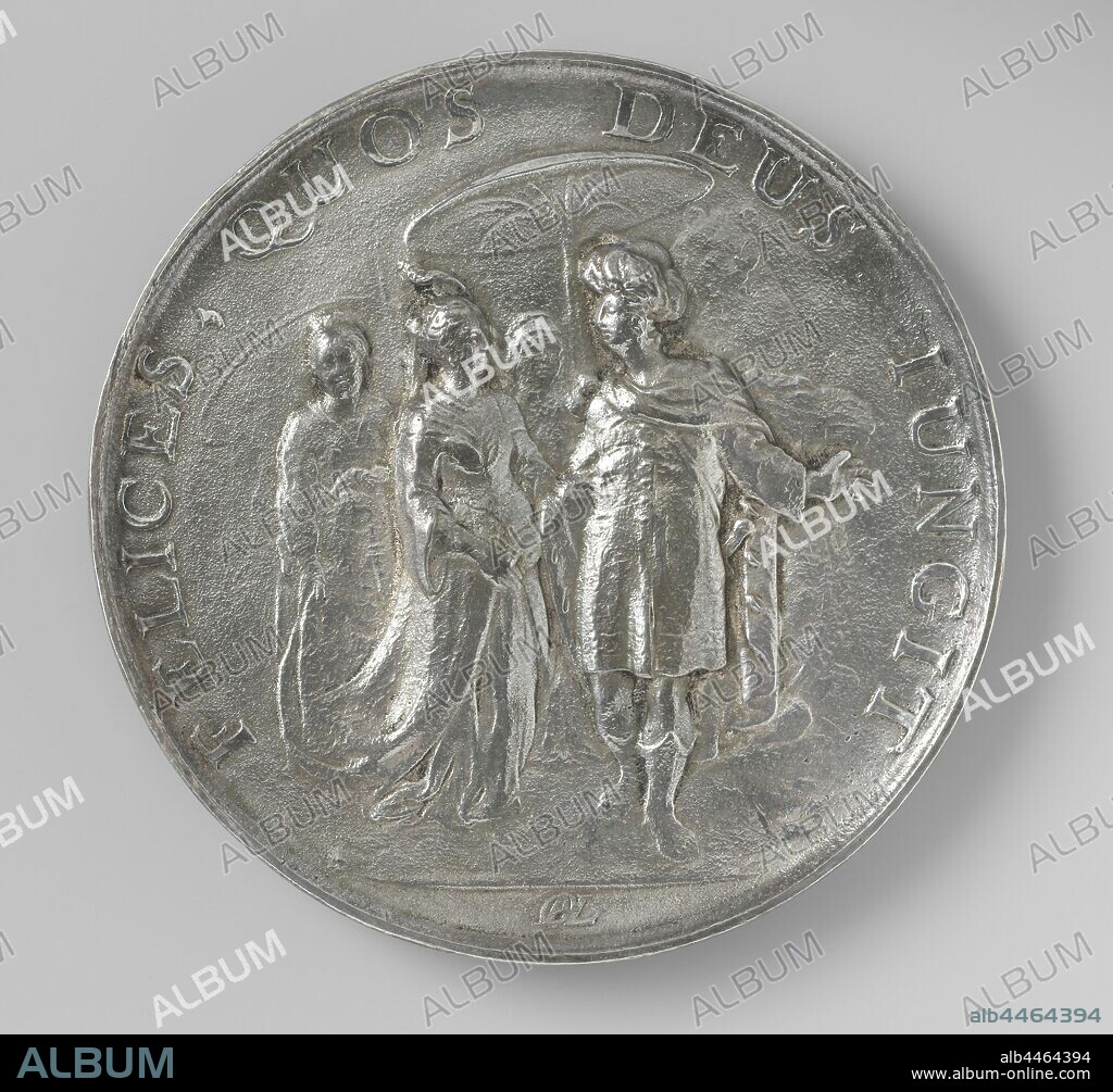 Rebecca at the Well and the Meeting of Rebecca and Isaac, Rebecca at the well of Nachor and the wedding of Rebecca and Isaac, Rebecca leaves Eliezer drink at the well and Rebecca enters the house of Isaac, Rebecca and Eliezer at the well of Nachor, with an inscription. Reverse: the marriage of Rebecca and Isaäc, with an inscription. On both sides the monogram IOAL F., marriage of Isaac and Rebekah, the meeting at the well: Eliezer sees Rebekah coming with a pitcher, Johannes Lutma (1624-1689) (mentioned on object), Amsterdam, c. 1654, silver (metal), founding, d 7.5 cm × w 93.28.