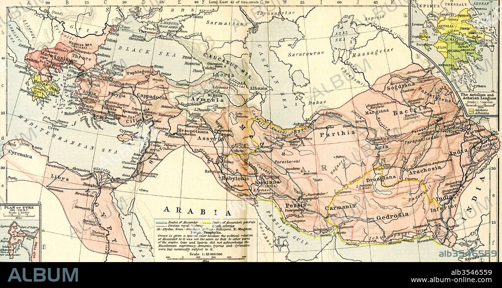 Map of the Macedonian Empire, 336 - 323 B.C. From Historical Atlas, published 1923.