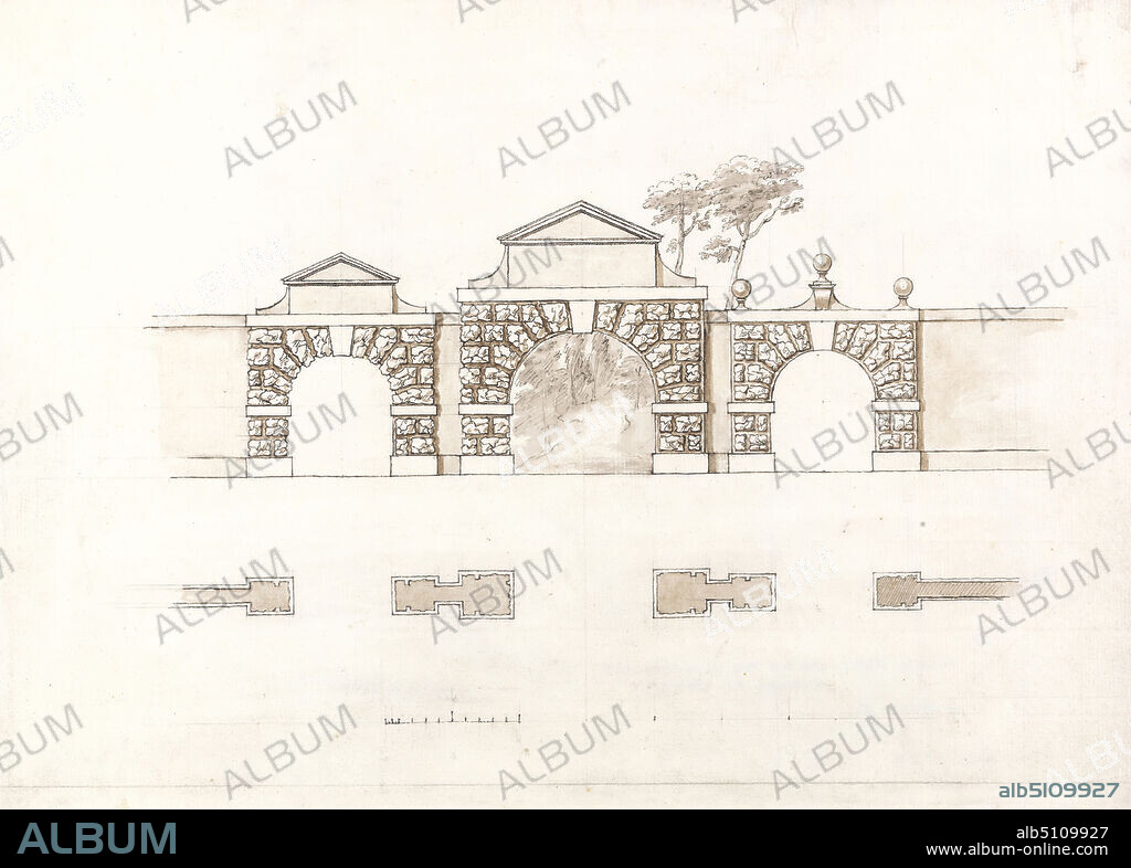 Entrance Screen at Stowe House, Buckinghamshire: Elevation and Plan, William Kent, ca.16861748, British, ca. 1733, Graphite, pen and black ink, brown wash, and gray wash on medium, slightly textured, cream laid paper bar scale of 1/6 inch to 1 foot, Sheet: 10 5/8 × 14 3/4 inches (27 × 37.5 cm), architectural subject, garden structures, gateways, Palladian, Buckingham, Buckinghamshire, Chiswick, England, Europe, Greater London, Stowe house, United Kingdom.